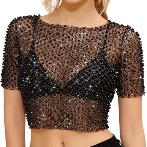 Elegant Sheer Black Beaded Women's Top P1